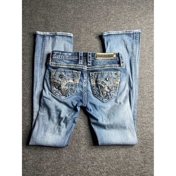 Rock Revival Denim - Rock Revival Sundee Mid Rise Bootcut Jeans Blue Embroidered Flap Pocket Size 25